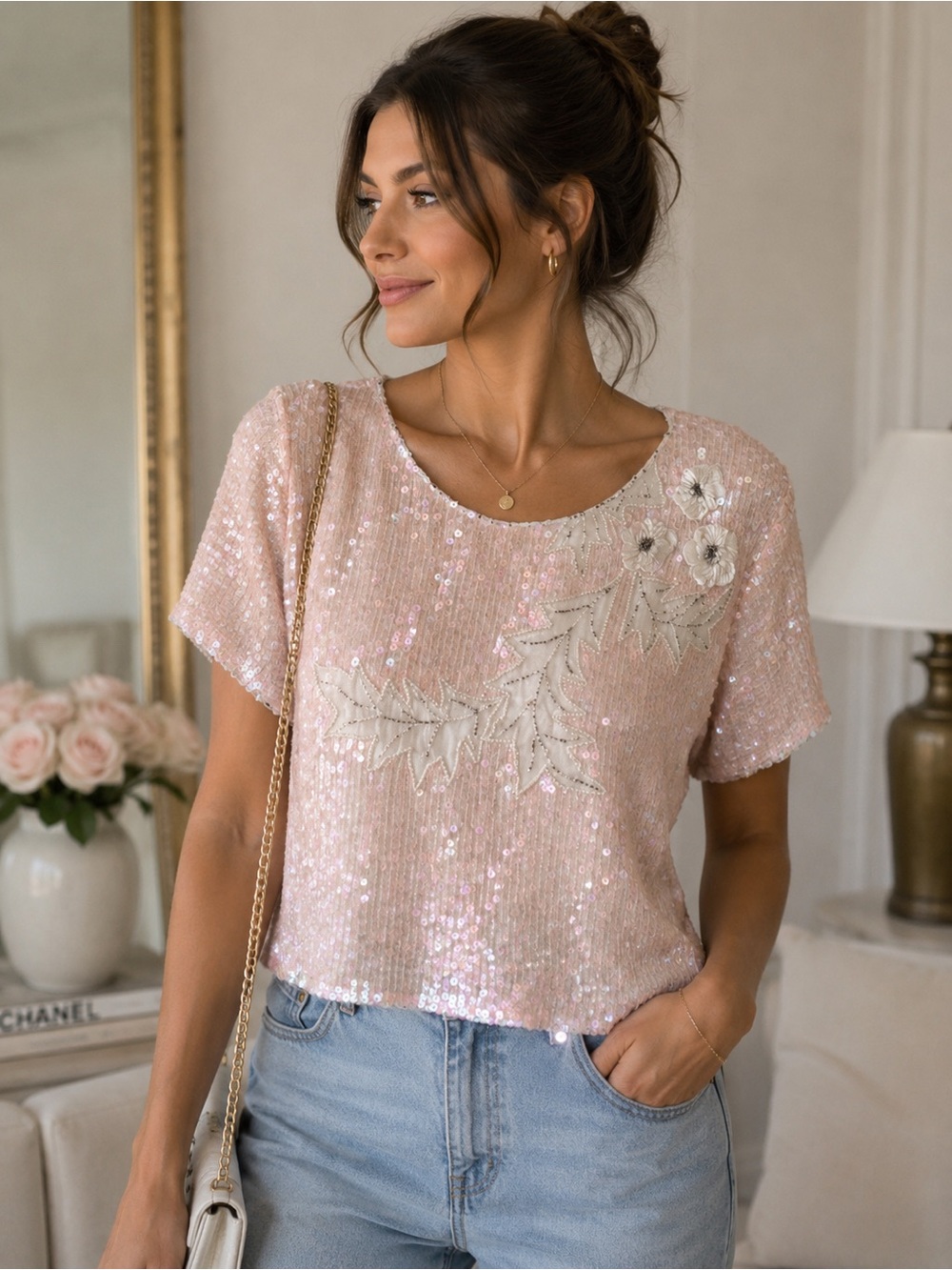 Vintage Jean for Joseph Le Bon Women's Size Large Lined Silk Sequin Top Peach